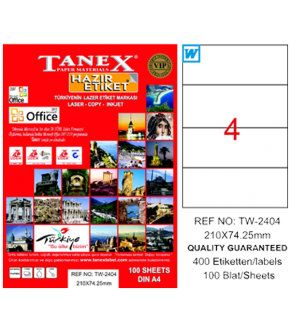 Tanex Laser Etiket 100 YP 210x74.25 Laser-Copy-Inkjet TW-2404