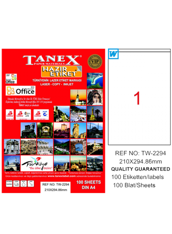 Tanex Laser Etiket 100 YP 210x294,86 Laser-Copy-Inkjet TW-2294