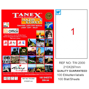 Tanex Laser Etiket 100 YP 210x297 Laser-Copy-Inkjet TW-2000
