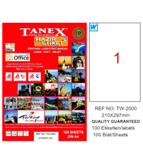 Tanex Laser Etiket 100 YP 210x297 Laser-Copy-Inkjet TW-2000
