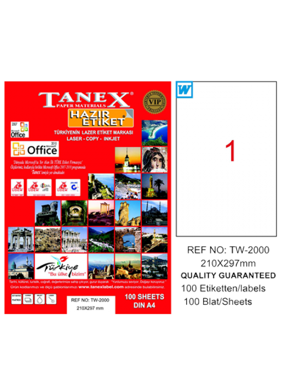 Tanex Laser Etiket 100 YP 210x297 Laser-Copy-Inkjet TW-2000 Tanex Laser Etiket 100 YP 210x297 Laser-Copy-Inkjet TW-2000