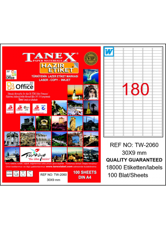 Tanex Laser Etiket 100 YP 30x9 Laser-Copy-Inkjet TW-2060 Tanex Laser Etiket 100 YP 30x9 Laser-Copy-Inkjet TW-2060