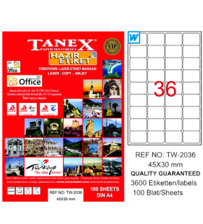 Tanex Laser Etiket 100 YP 45x30 Laser-Copy-Inkjet TW-2036