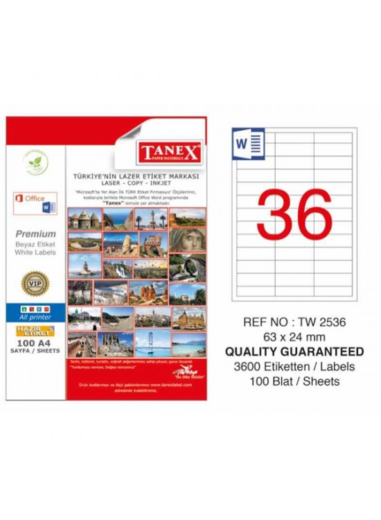 Tanex Laser Etiket 100 YP 63x24 Laser-Copy-Inkjet TW-2536