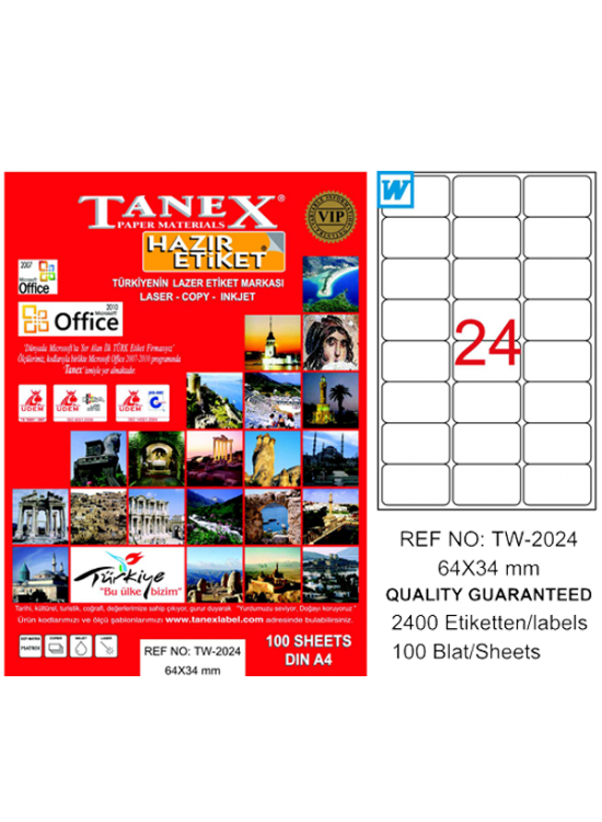 Tanex Laser Etiket 100 YP 64x34 Laser-Copy-Inkjet TW-2024