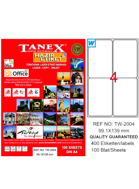 Tanex Laser Etiket 100 YP 99.1x139 Laser-Copy-Inkjet TW-2004