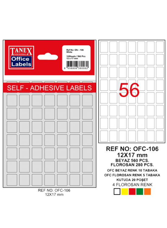 Tanex Ofis Etiketi Poşetli 12x17 MM Beyaz OFC-106 (1 Adet)