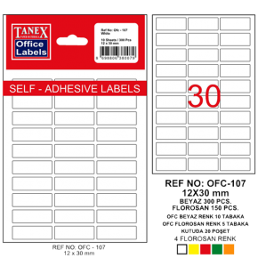 Tanex Ofis Etiketi Poşetli 12x30 MM Beyaz OFC-107 (1 Adet)