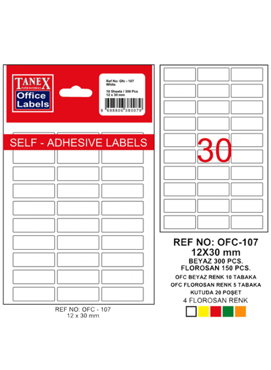 Tanex Ofis Etiketi Poşetli 12x30 MM Beyaz OFC-107 (1 Adet) Tanex Ofis Etiketi Poşetli 12x30 MM Beyaz OFC-107 (1 Adet)