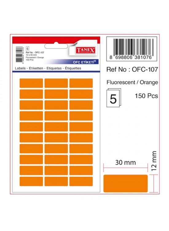 Tanex Ofis Etiketi Poşetli 12x30 mm Fosforlu Turuncu OFC-107 (1 Adet)
