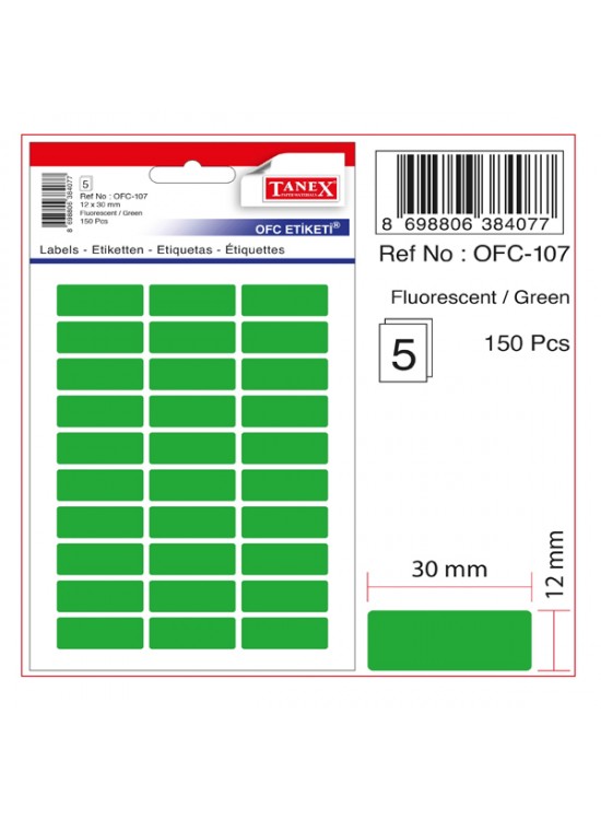 Tanex Ofis Etiketi Poşetli 12x30 mm Fosforlu Yeşil OFC-107 (1 Adet)