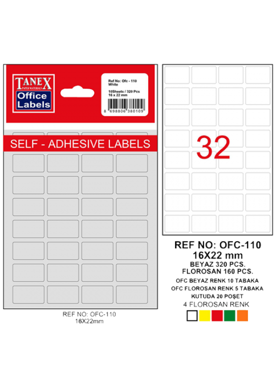 Tanex Ofis Etiketi Poşetli 16x22 MM Beyaz OFC-110 (1 Adet)