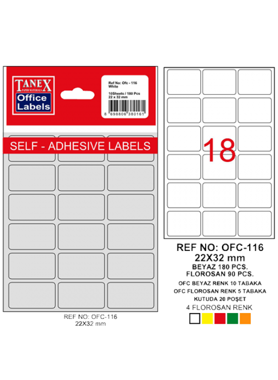 Tanex Ofis Etiketi Poşetli 22x32 MM Beyaz OFC-116 (1 Adet)