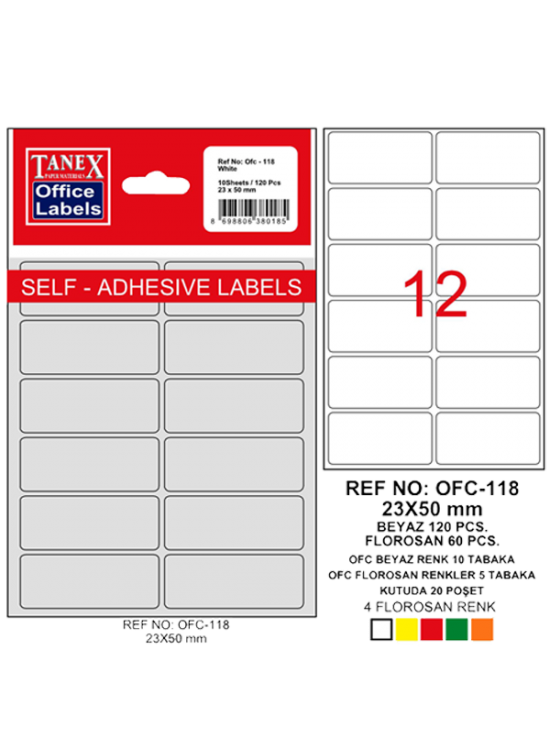 Tanex Ofis Etiketi Poşetli 23x50 MM Beyaz OFC-118 (1 Adet)
