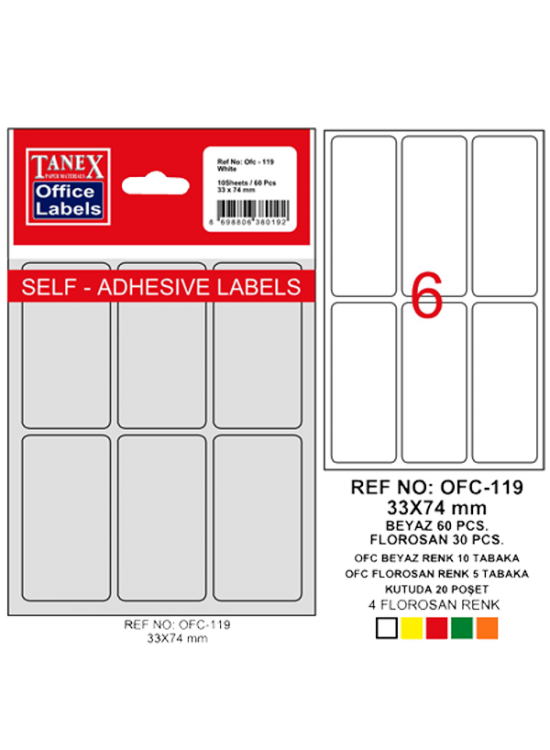 Tanex Ofis Etiketi Poşetli 33x74 MM Beyaz OFC-119 (1 Adet)