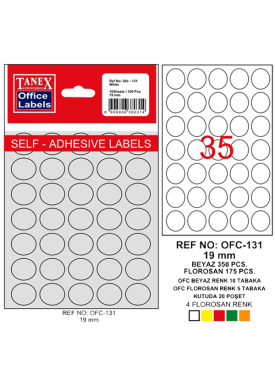 Tanex Ofis Etiketi Poşetli Yuvarlak 19 MM Beyaz OFC-131 (1 Adet)