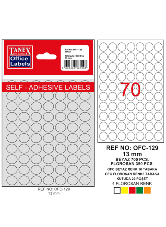 Tanex Ofis Etiketi Poşetli Yuvarlak OFC-129 (1 Adet) Tanex Ofis Etiketi Poşetli Yuvarlak OFC-129 (1 Adet)
