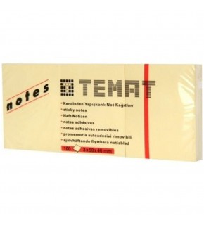 Temat Yapışkanlı Not Kağıdı 100 Yp Pastel Sarı 3x50x40 MM 11230 (1 Adet)