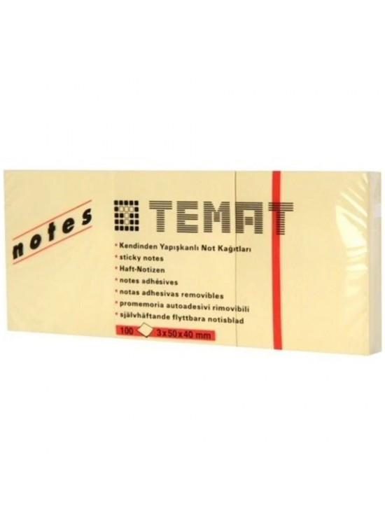 Temat Yapışkanlı Not Kağıdı 100 Yp Pastel Sarı 3x50x40 MM 11230 (1 Adet) Temat Yapışkanlı Not Kağıdı 100 Yp Pastel Sarı 3x50x40 MM 11230 (1 Adet)