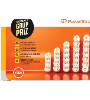 TUNCMATIK POWERSTRIP4 TSK19061  3m IEC 66884-1:2022 Standartı, FR(Alev Almaz)anahtarlı grup priz