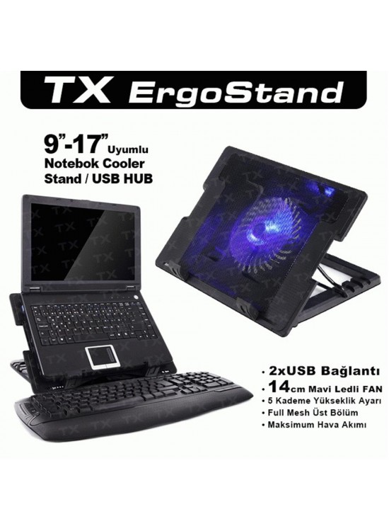 TX ACNBERGST  ErgoStand 14cm Led Fan'lı 5 KademeLİ 2xUsb 9"-17" Notebook Soğutucu-Stand