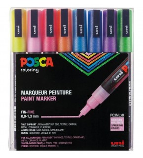 Uni-Ball Posca 0.9-1.3 Su Bazlı Poster Markörü Simli 8 Li PC-3M/8C