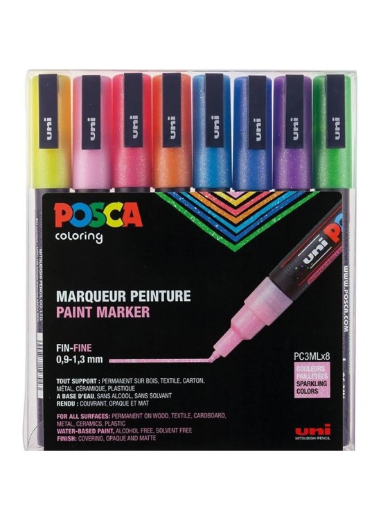 Uni-Ball Posca 0.9-1.3 Su Bazlı Poster Markörü Simli 8 Li PC-3M/8C