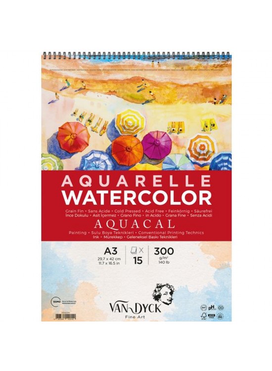 Van Dyck Sulu Boya Blok Aquacal İnce Dokulu Cldpres A3 Üstten Spiralli 15 YP