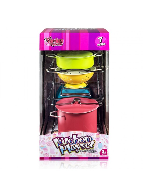 Vardem Oyuncak 7 Parça Raflı Renkli Emaye Tencere Tava Seti VRD-ATF-683G-5